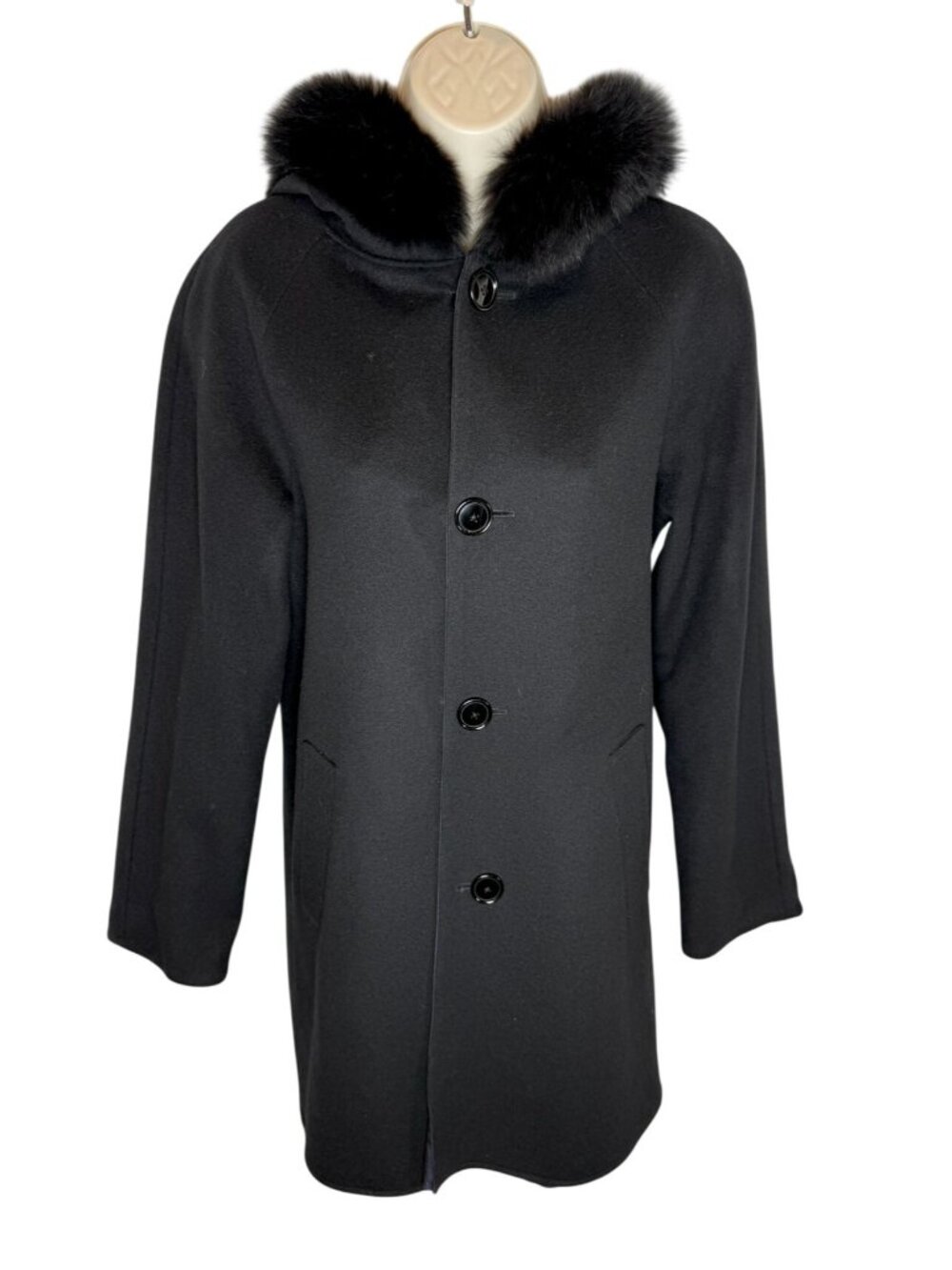 Sofia Cashmere Reversible Car Coat Fox Trimmed Hood Black Blue - Size 2